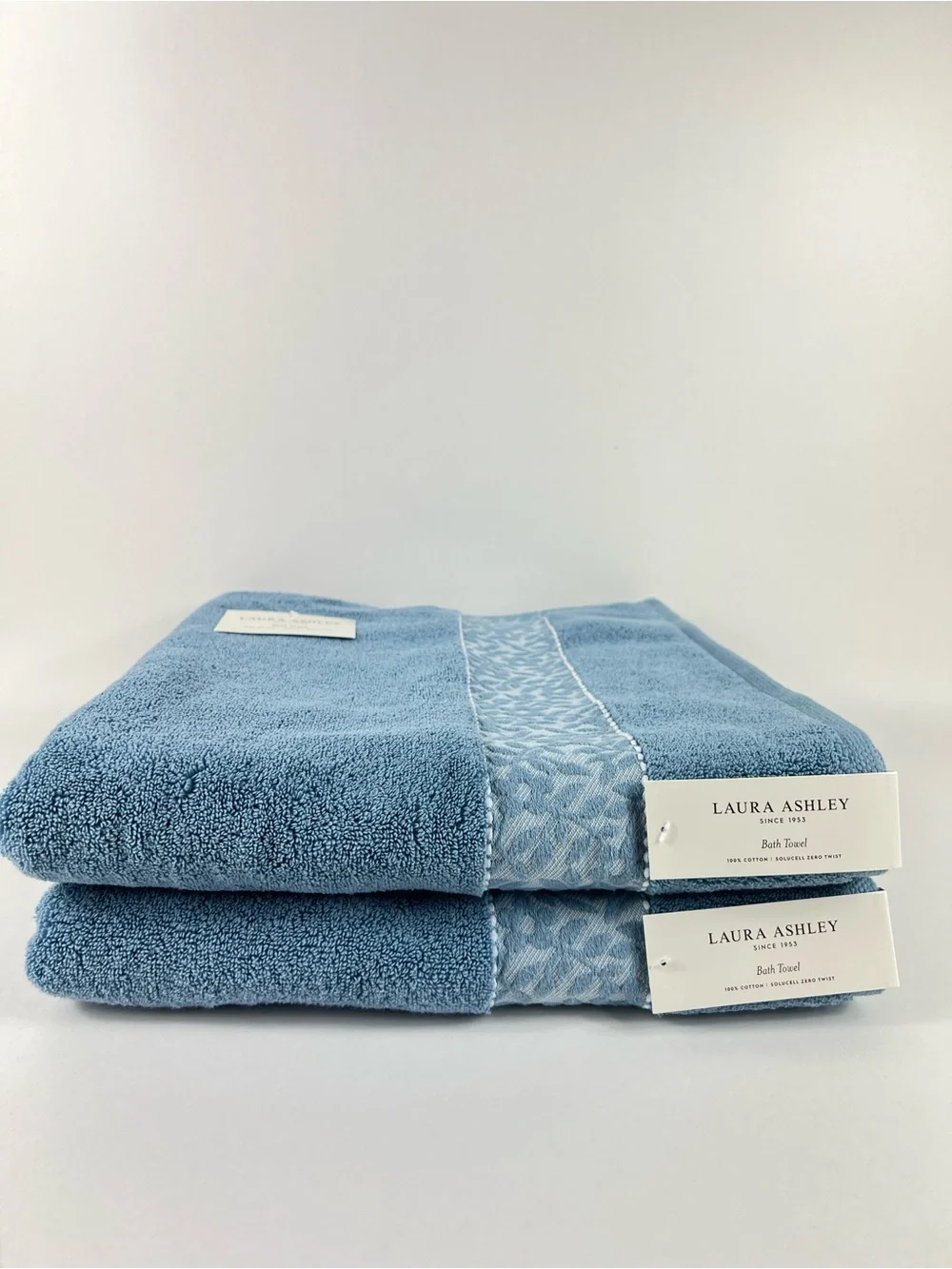 Laura Ashley Bath Towel Set MILLIE Blue with Leaf Trim 100% Cotton 6 Pc NEW